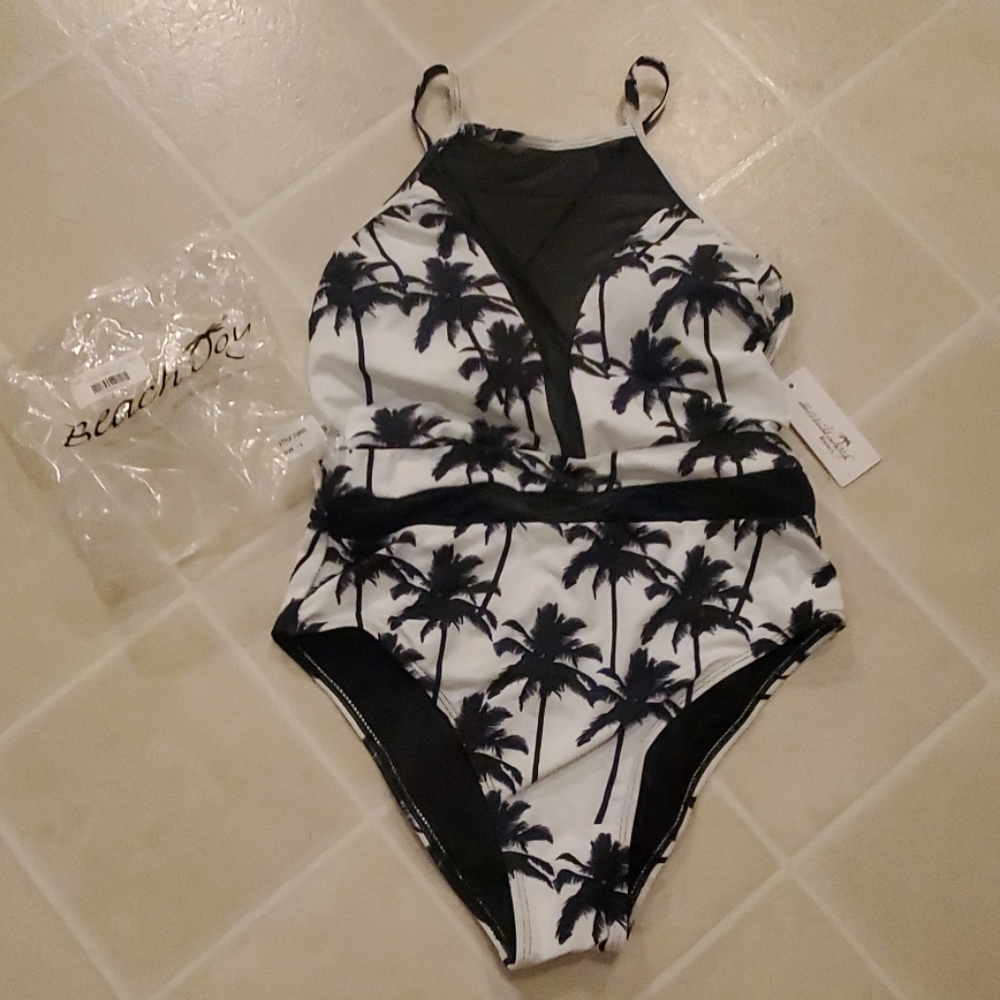 Black and White Mesh High Neck Palm Tree One Piece